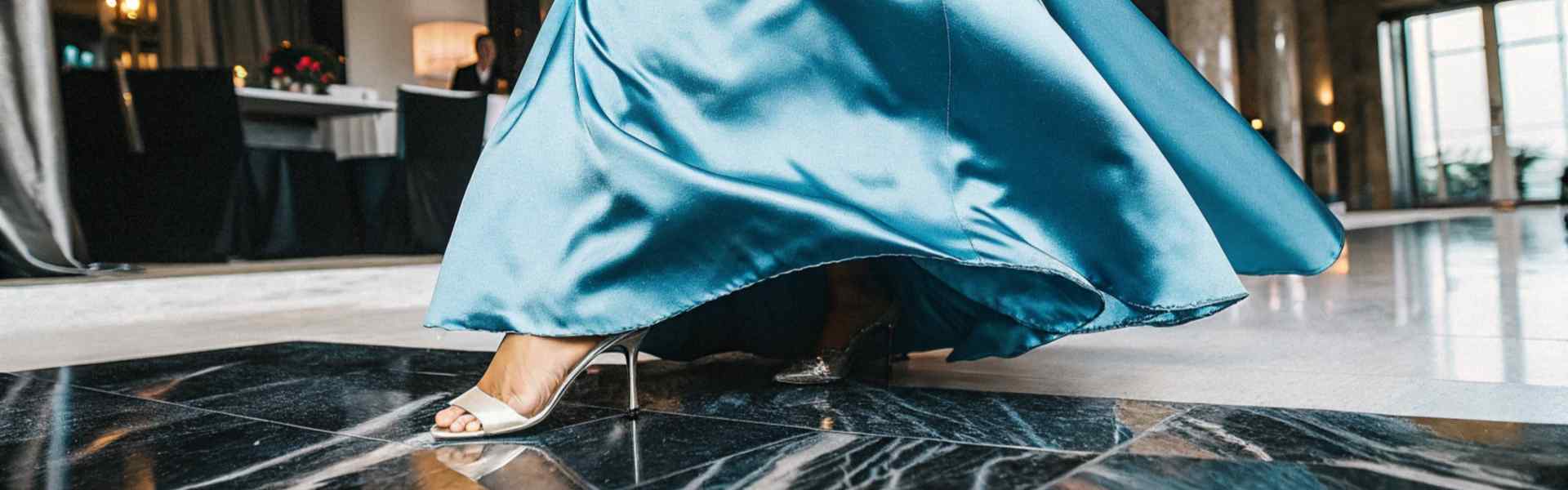 Close-up of a teal satin gown and high heels walking on a polished floor.