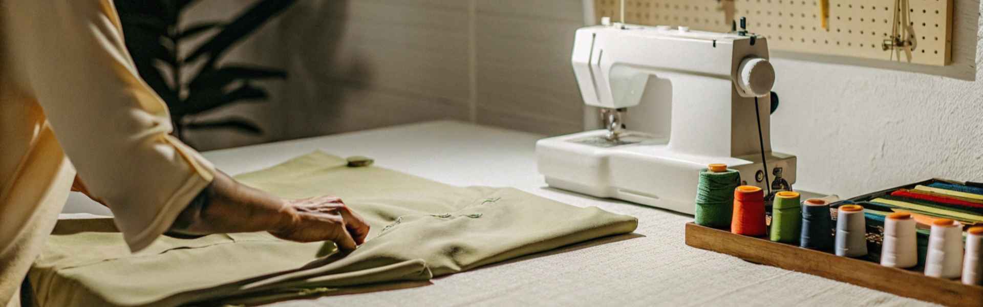 A person working with green fabric on a table with a sewing machine and spools of thread.