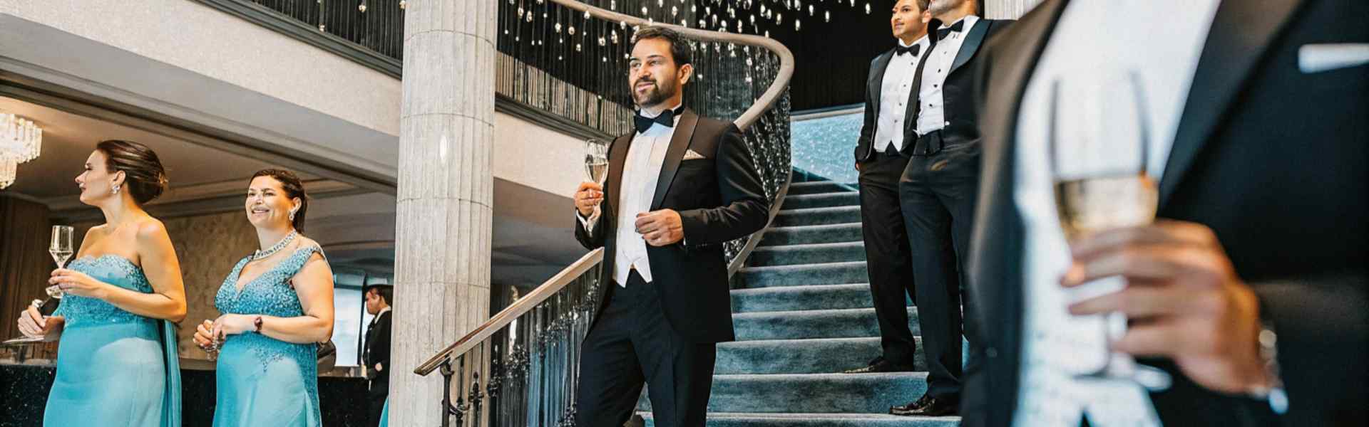 A group of men in tuxedos and women in blue evening gowns enjoying a luxurious formal event on a grand staircase.