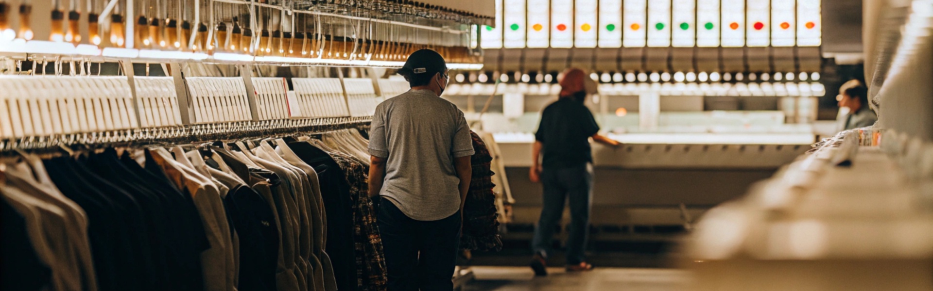 Workers in a clothing factory walking through garment racks.