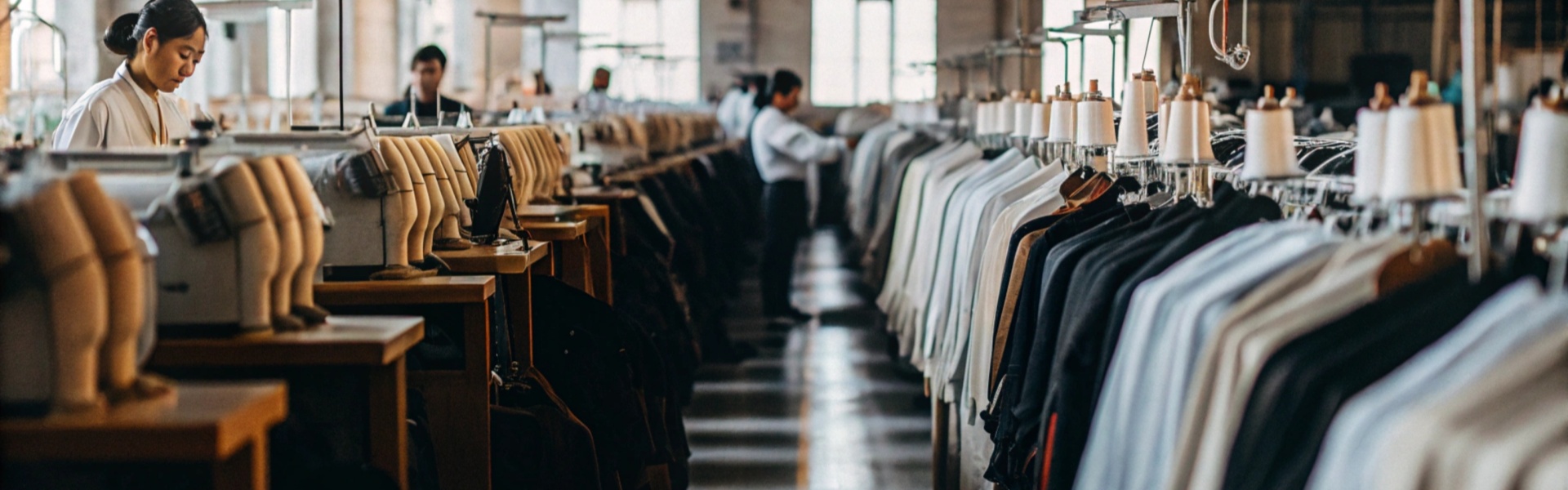 Workers and sewing machines in a clothing factory with rows of finished garments on racks.