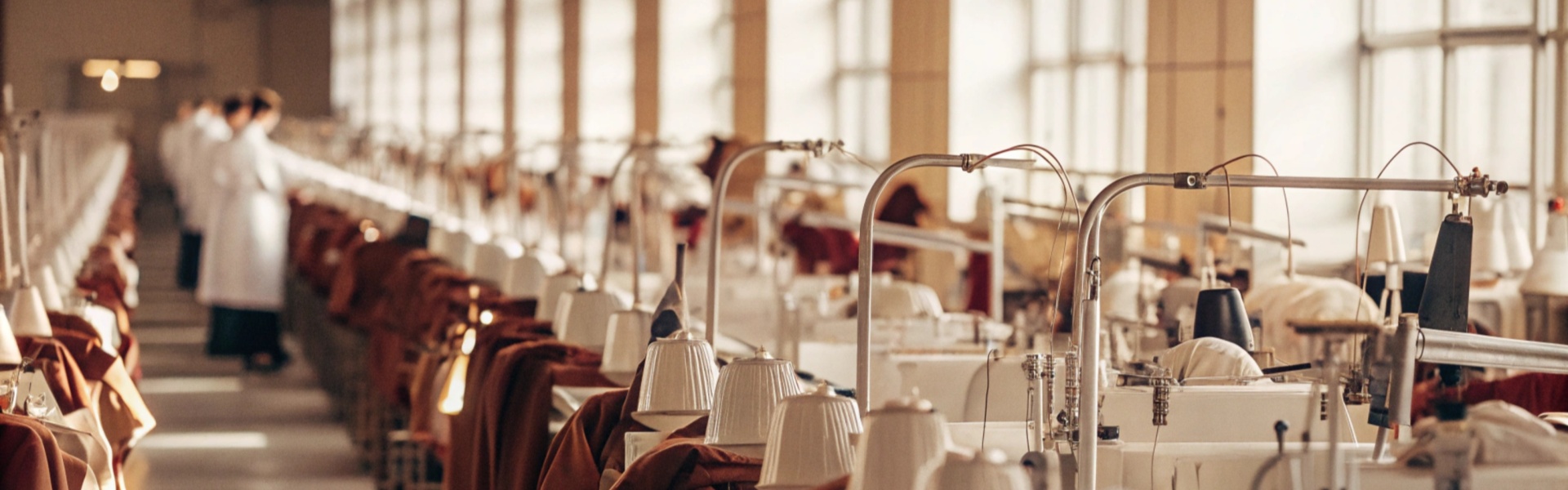 Rows of sewing machines with coats in a bright, organized factory; workers in white coats in the background.