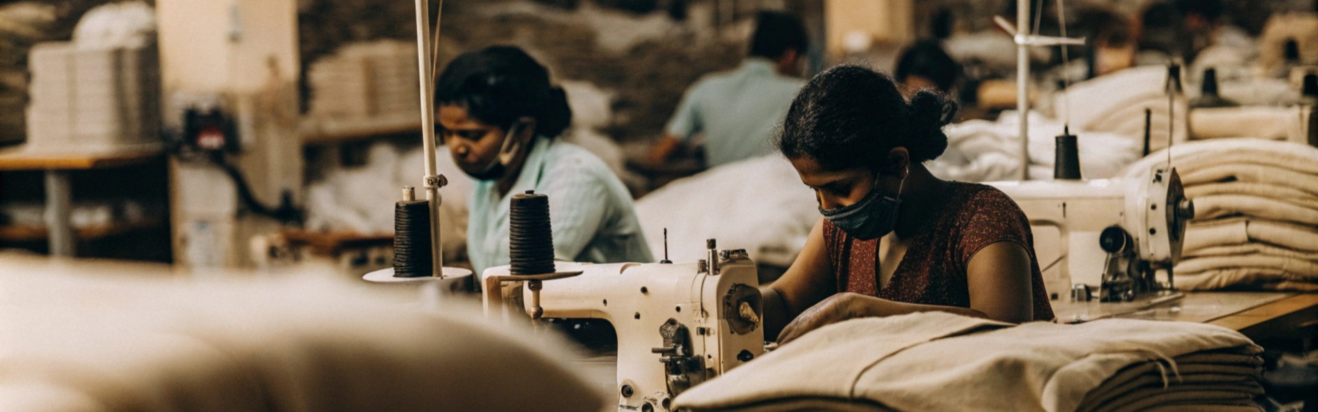 Women sewing fabrics in a textile factory, using industrial sewing machines, with masks for safety.