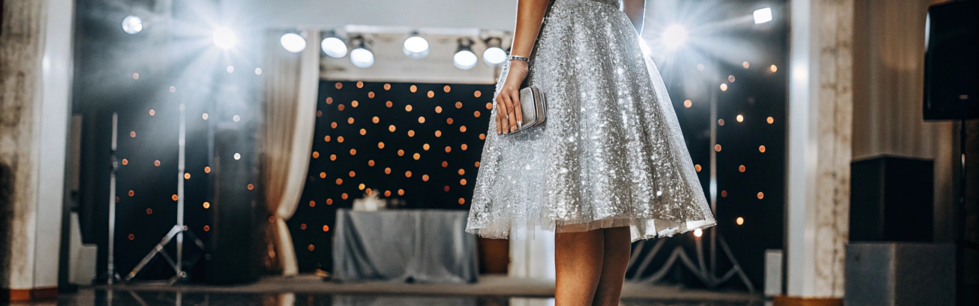 Woman in a silver sequin dress and heels on a sparkling dance floor with party lights.