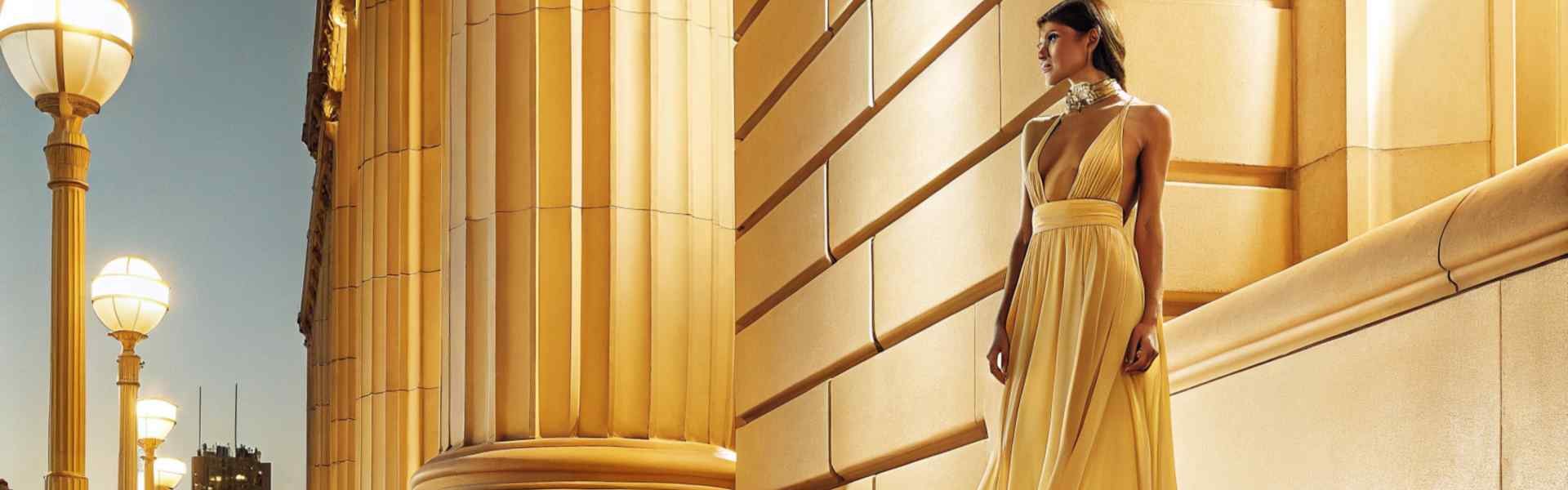 Woman in a flowing yellow gown standing near grand columns under warm lighting.