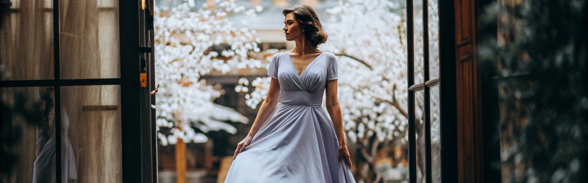 Woman in a flowing lavender dress standing in front of a doorway with blooming trees in the background.