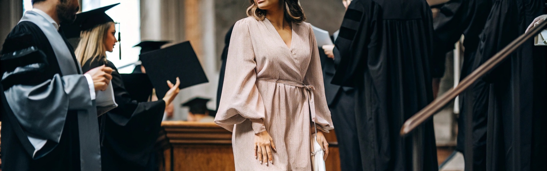 Woman in a pastel dress at a graduation ceremony surrounded by graduates.