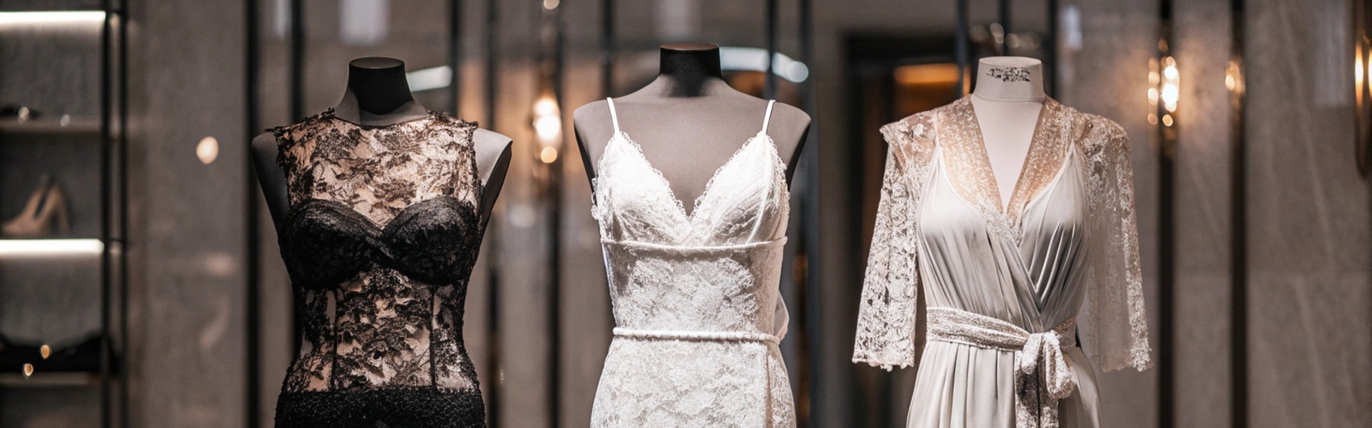 Three elegant lace dresses on mannequins: a black lace bodycon, a white lace slip dress, and a soft white robe-style dress with lace accents.