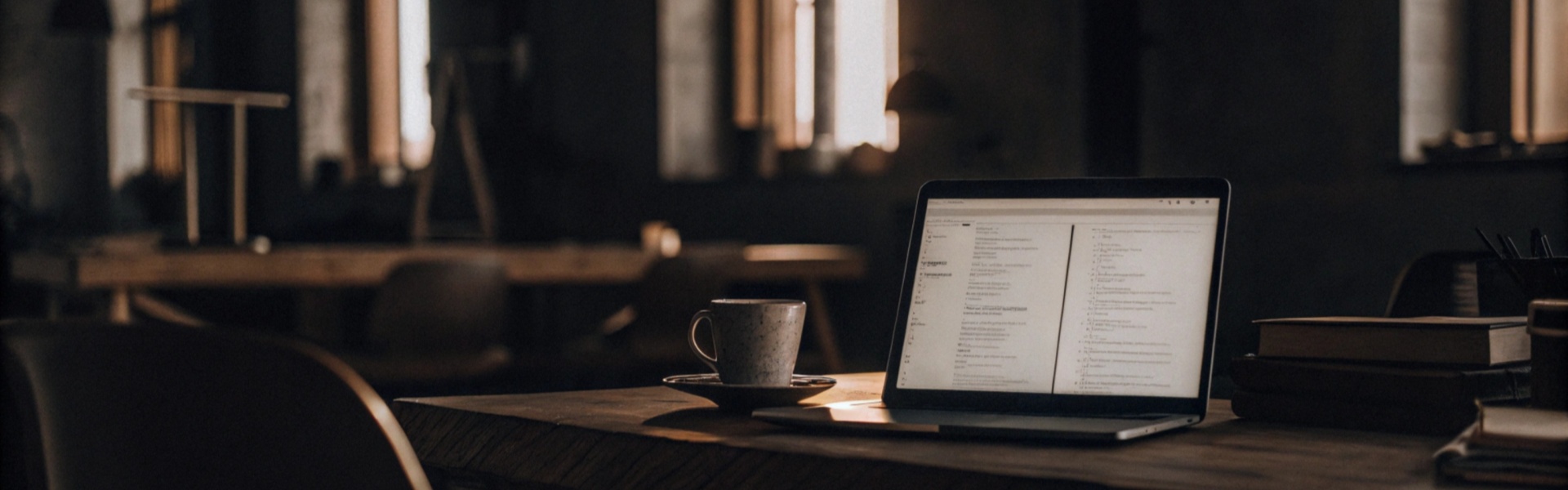 Open laptop with documents displayed, placed on a wooden desk with a coffee cup in a dimly lit room.