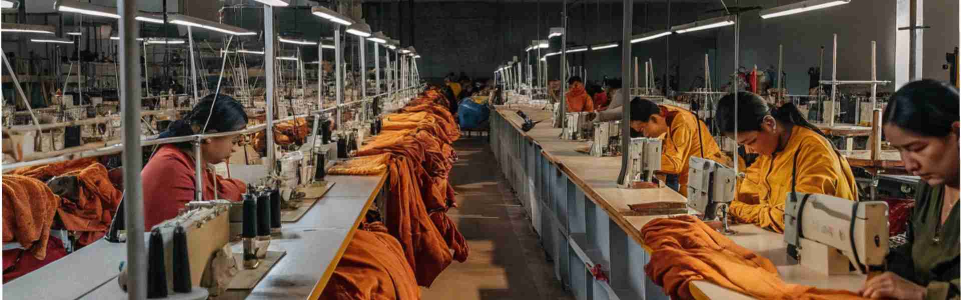 Workers operating sewing machines in a brightly lit factory with orange fabric.