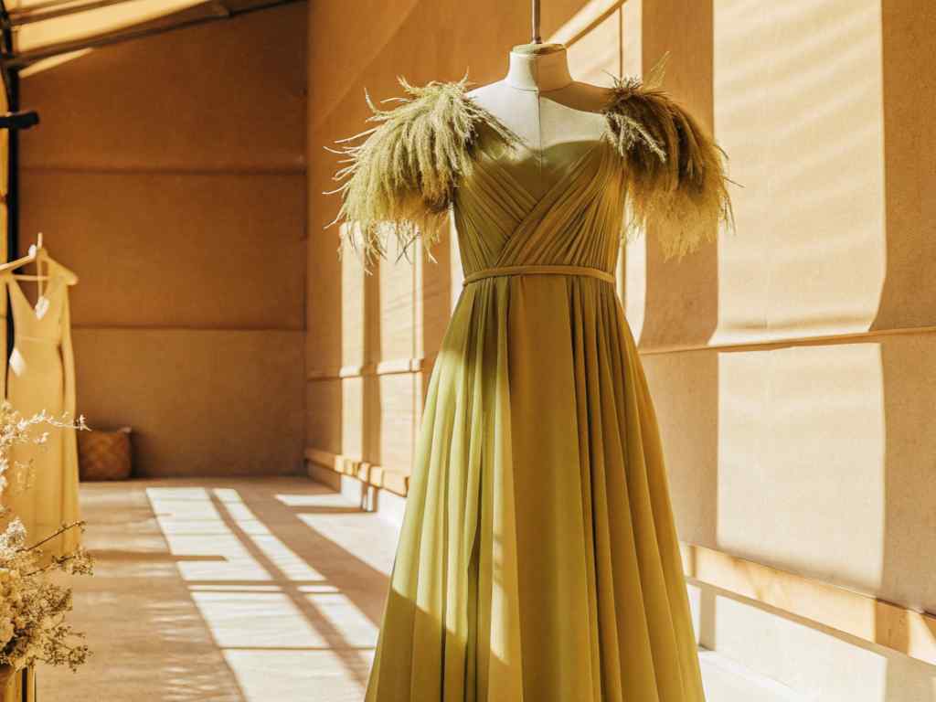 Green gown on mannequin in a sunlit room with floral decor.