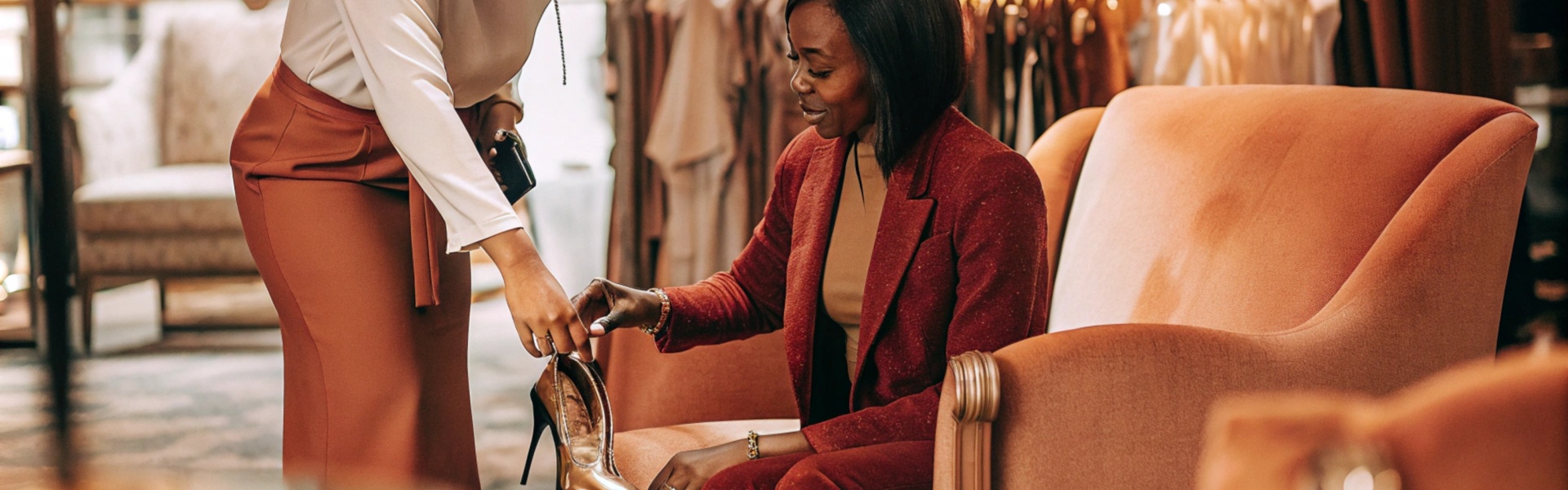 A customer seated in a boutique being shown a high-heeled shoe by a sales assistant.