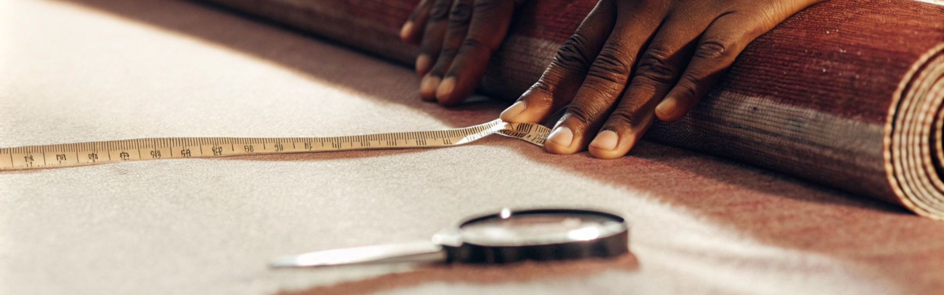 Hands holding a roll of red fabric with a measuring tape on a table.