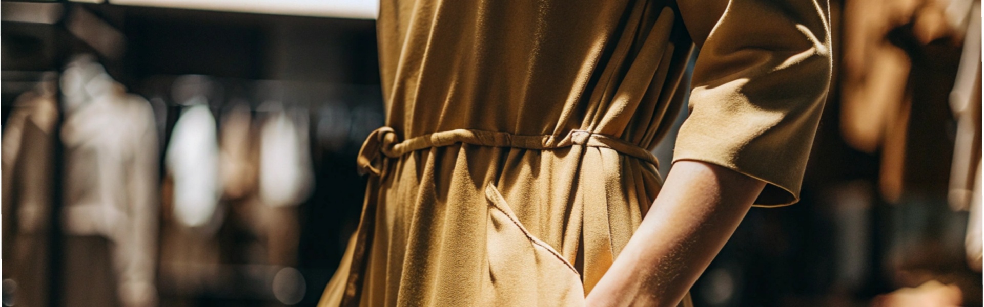 Woman wearing a mustard yellow dress with a belt and pockets.