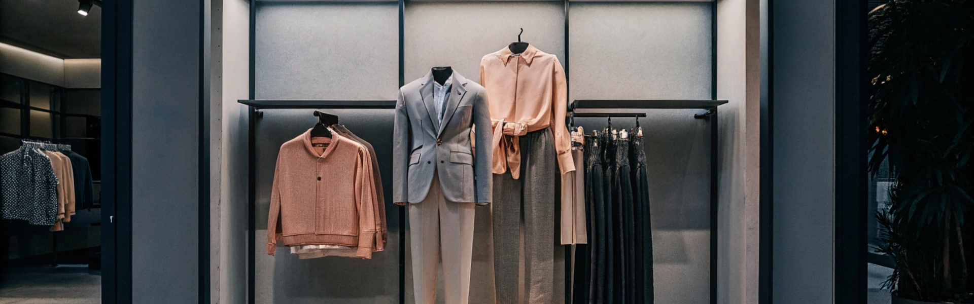 Clothing in soft tones displayed on racks and shelves in a boutique.