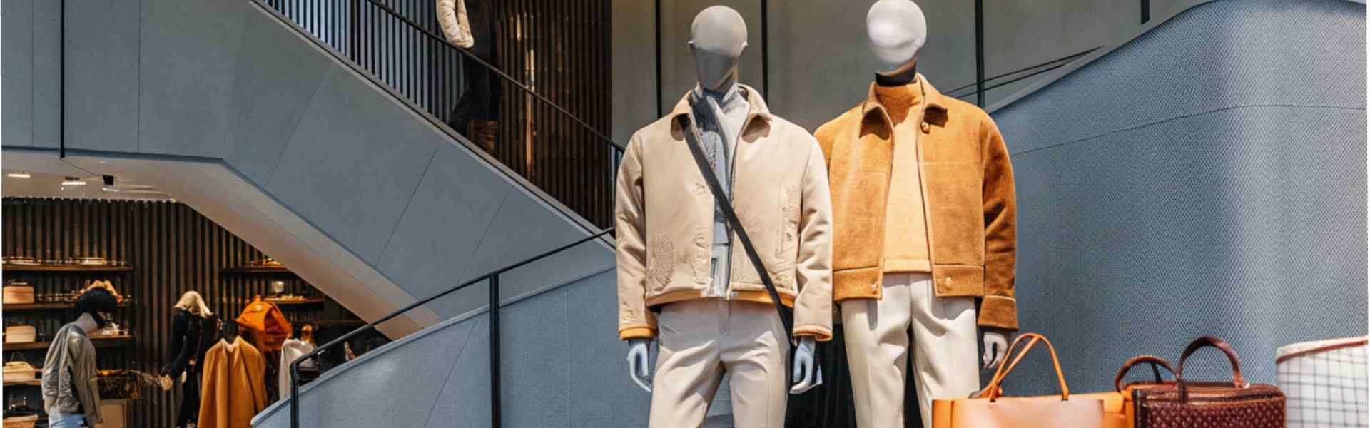 Mannequins dressed in neutral-toned outfits, showcased in a stylish store interior.