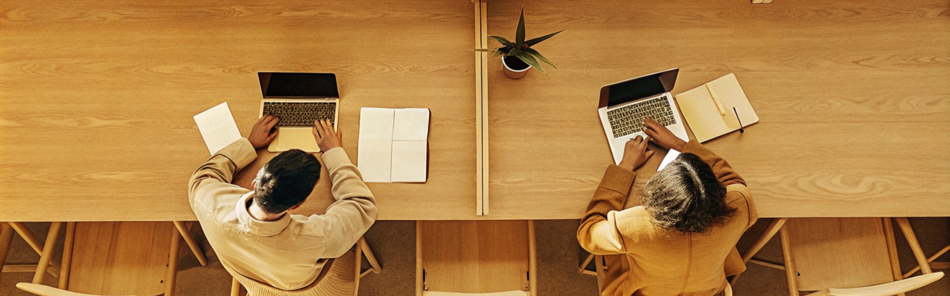 Two professionals working at a shared wooden desk with laptops and notebooks.