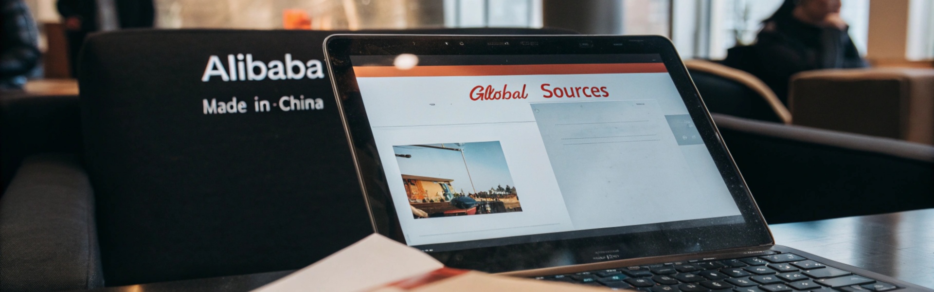 A laptop displaying "Global Sources" in a workspace, with an "Alibaba Made in China" chair in the background.