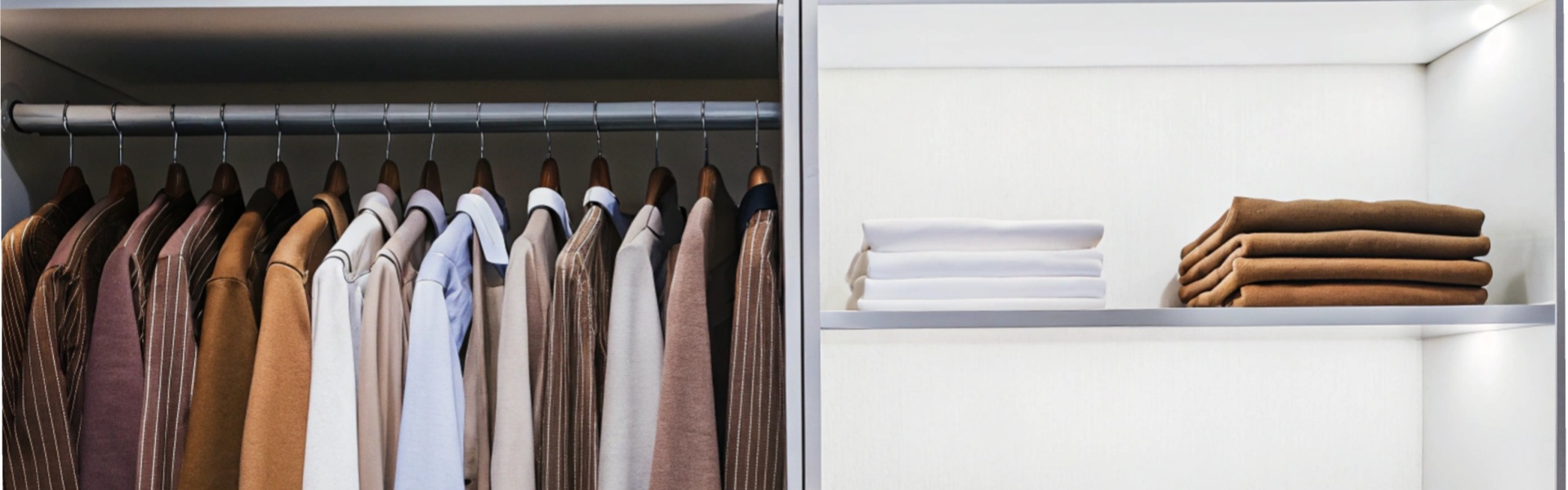 A neatly arranged wardrobe with hanging shirts and folded clothing on illuminated shelves.