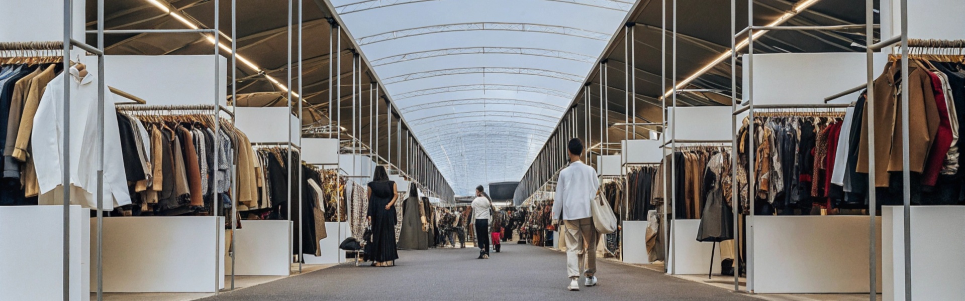 Clothing racks under a covered market structure with people browsing.