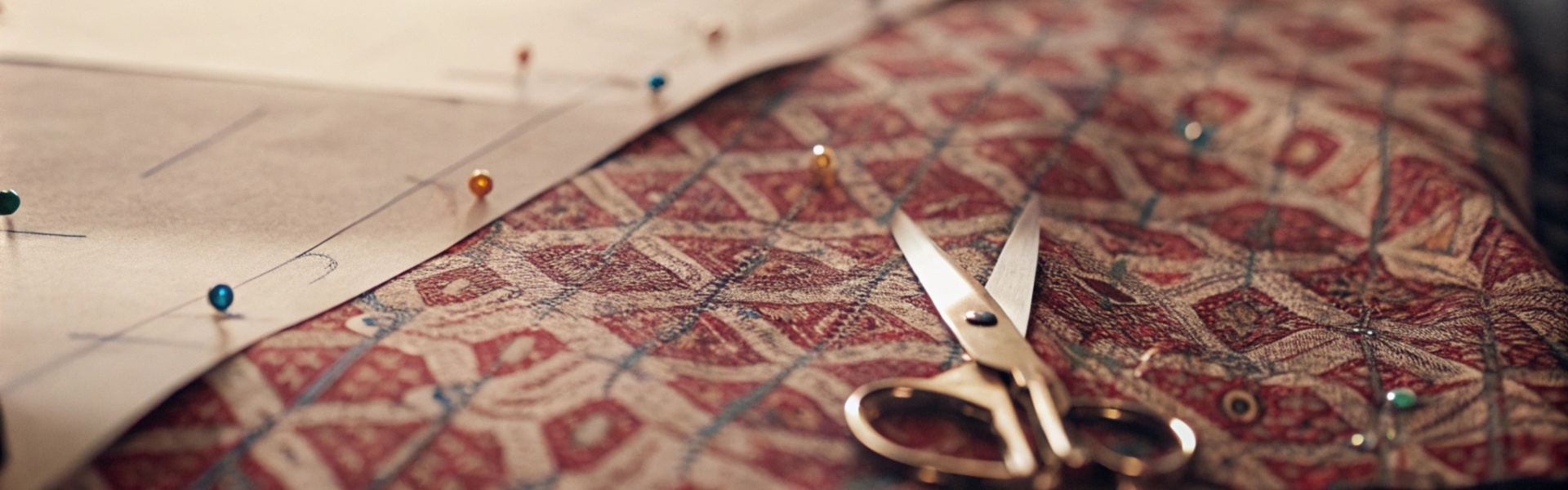 Scissors and pins placed on patterned fabric with a paper pattern.