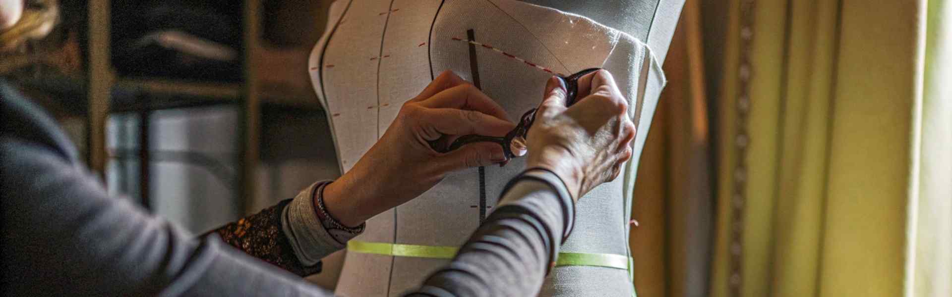 Designer adjusting fabric on a mannequin in a sewing studio with spools of thread nearby.