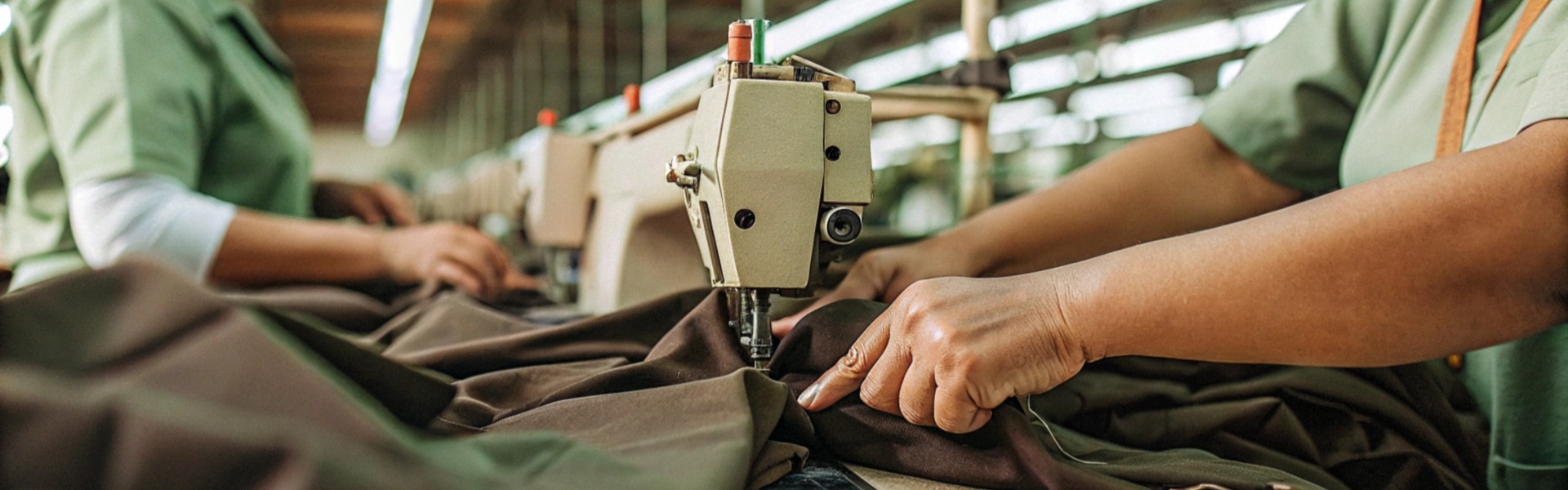 Close-up of a worker sewing fabric on an industrial sewing machine in a garment factory.