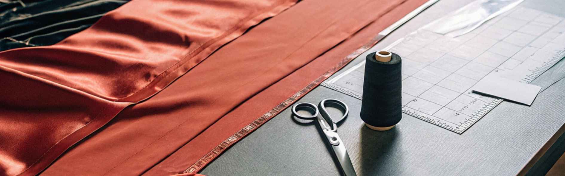 A red satin fabric on a table with scissors, thread, and a cutting mat.