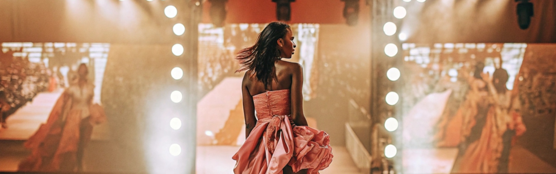 Model in a flowing pink gown walking down a spotlighted runway with audience and screens in the background.