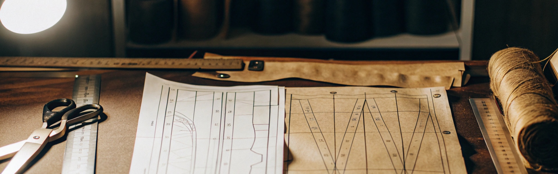 Sewing patterns and tailoring tools on a well-lit workbench.