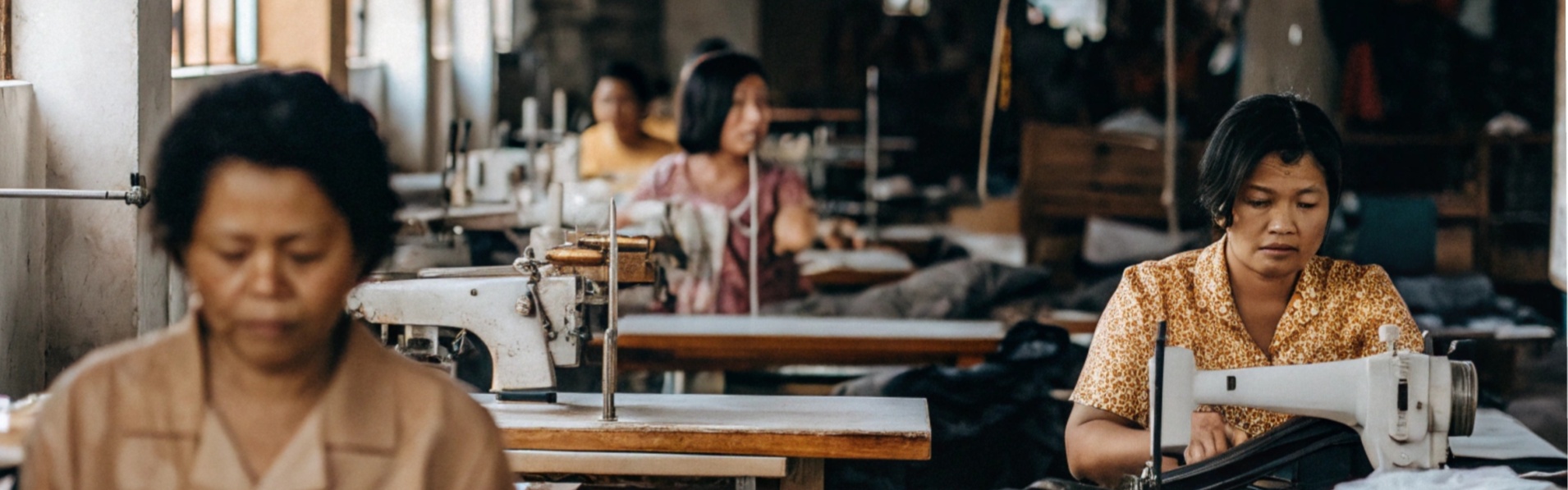 Women working at sewing machines in a garment workshop.