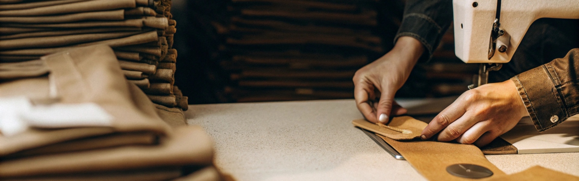 Hands working on fabric pieces near a sewing machine, with stacks of folded brown fabric in the background.