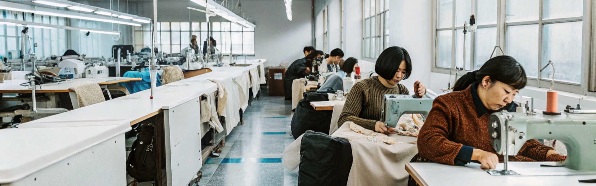 Workers sewing garments in a bright, organized factory with rows of sewing machines.