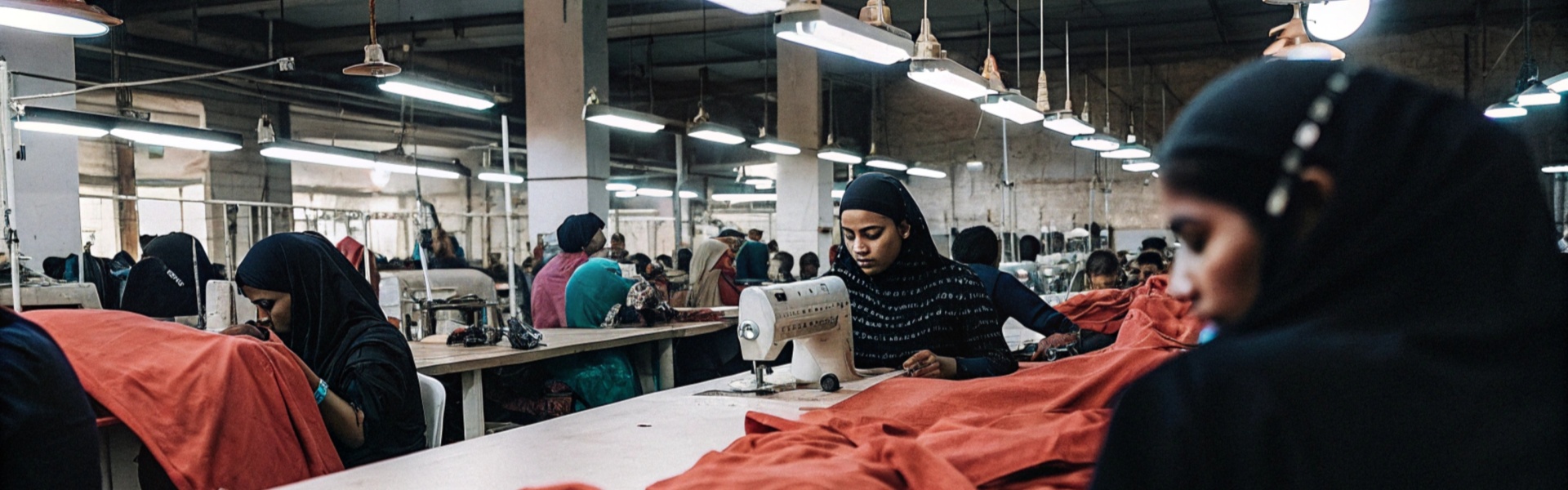 Workers in a garment factory sewing red fabric under bright industrial lighting.