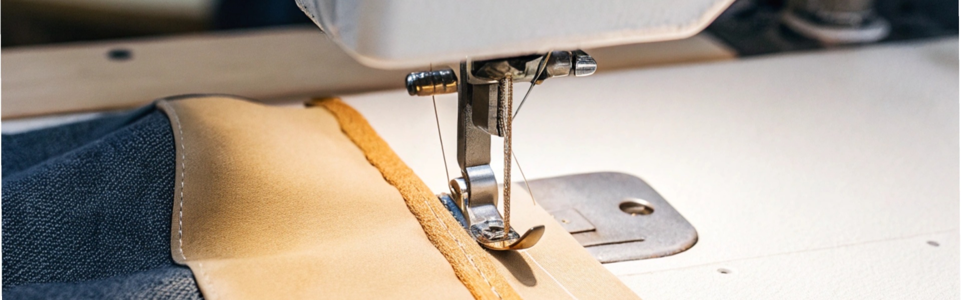 Close-up of a sewing machine stitching tan fabric with precision.