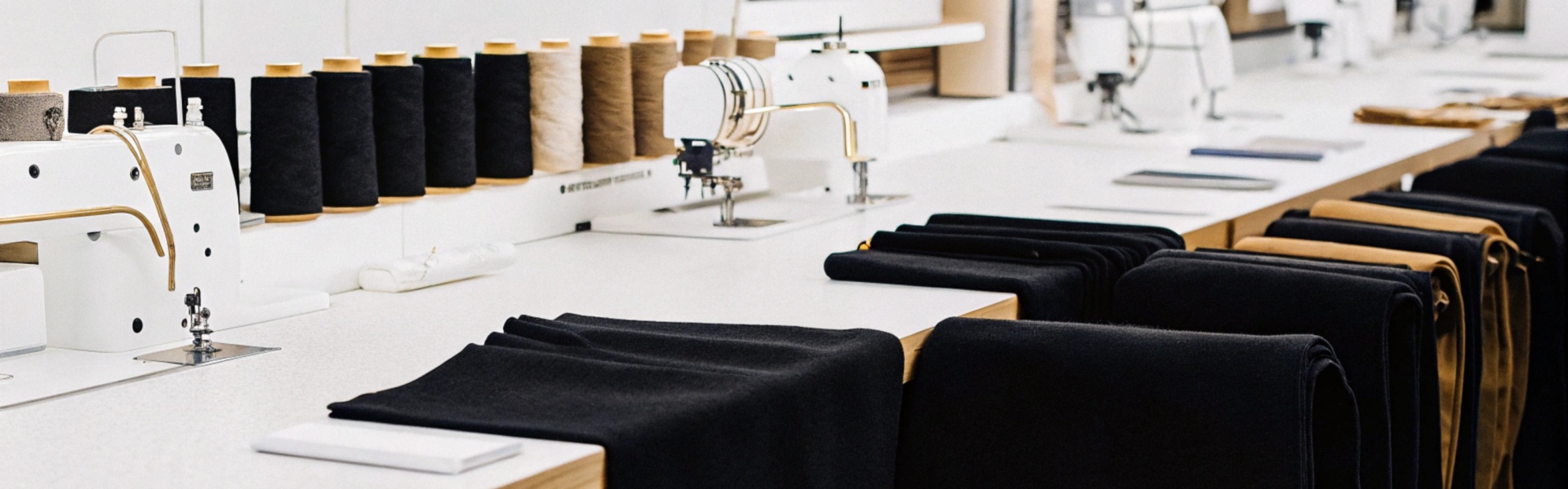 Sewing machines lined up with folded black fabric rolls and spools of thread.