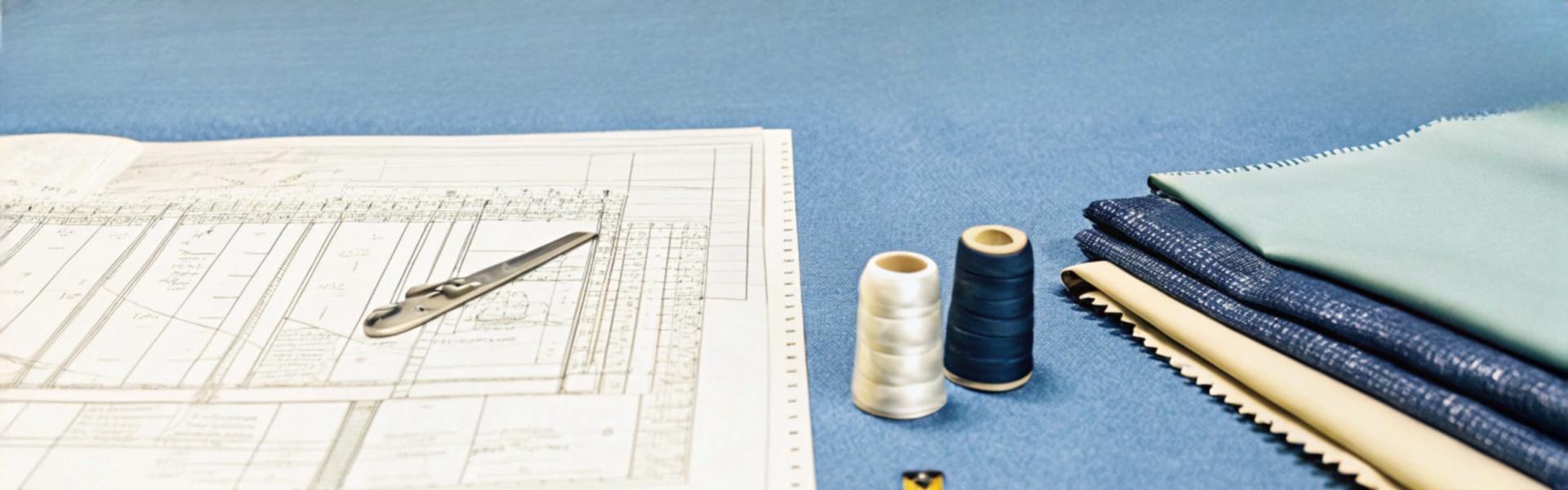 Scissors, thread spools, and fabric swatches on a blue workspace table.