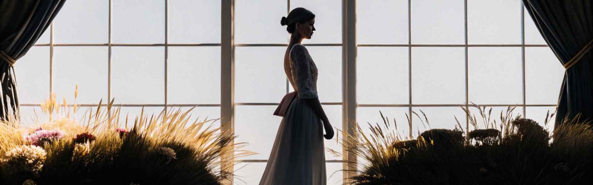 Woman in a gown standing near large windows, framed by curtains and flowers.