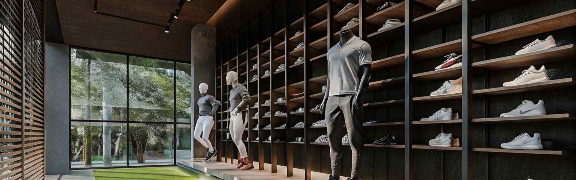 Mannequins dressed in athletic wear with shelves of sneakers in a modern store.