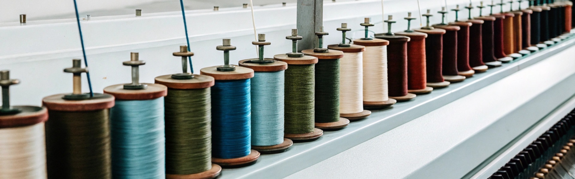 A row of colorful thread spools lined up on a textile manufacturing machine.