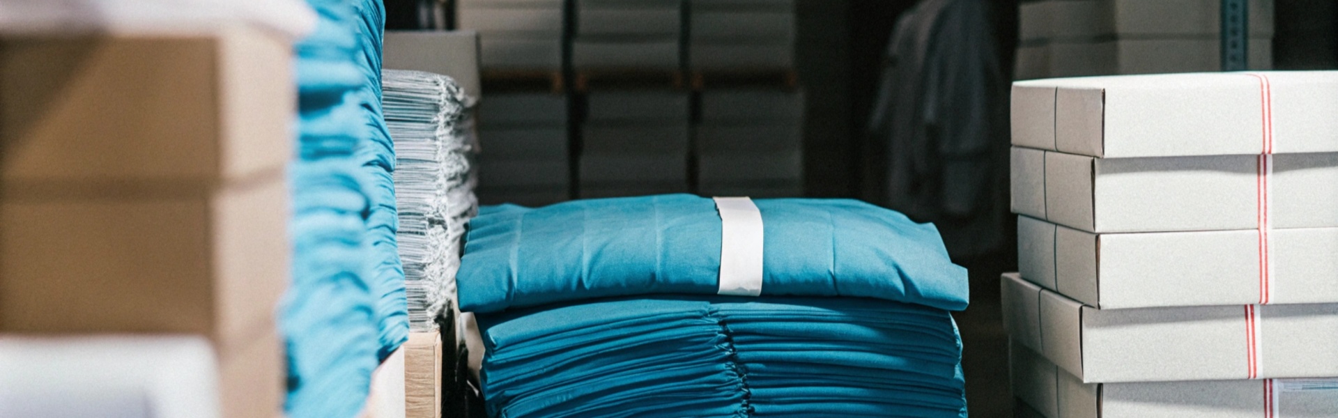 Neatly folded blue textiles surrounded by cardboard boxes in a storage facility.