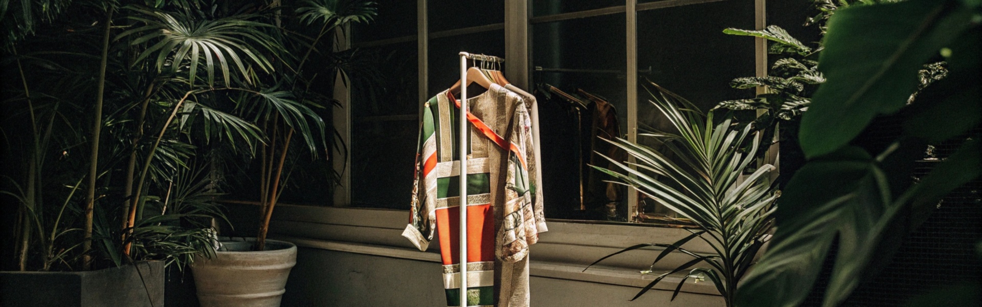 A colorful dress hanging on a clothing rack surrounded by lush green plants.