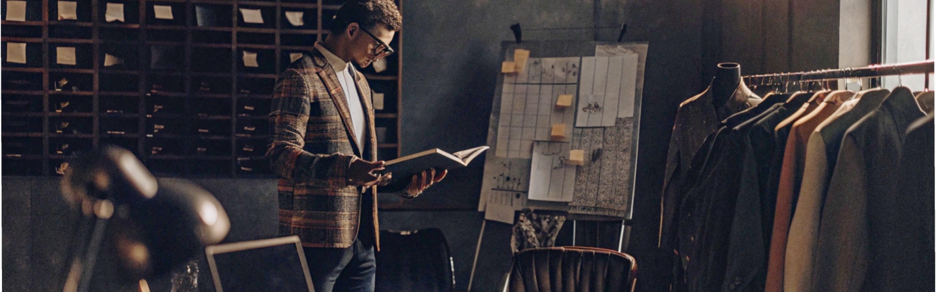 A man reading a book in a dimly lit tailoring studio surrounded by jackets, design sketches, and a laptop.