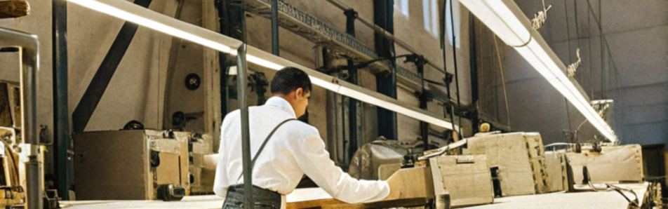 Craftsman working at a long wooden table in a well-lit workshop, wearing suspenders.