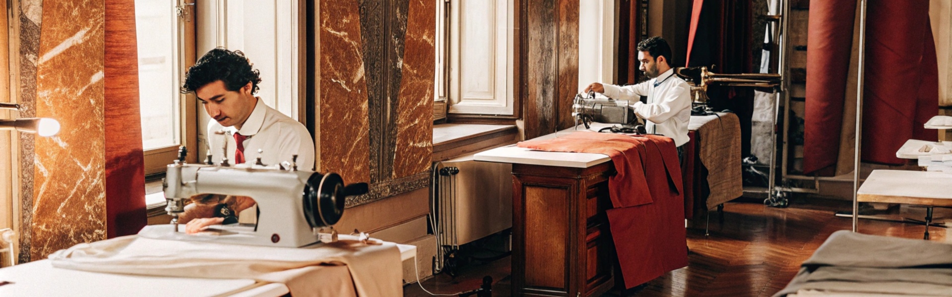 Two skilled tailors working on sewing machines in a well-lit, elegant workshop with wooden and marble interiors.