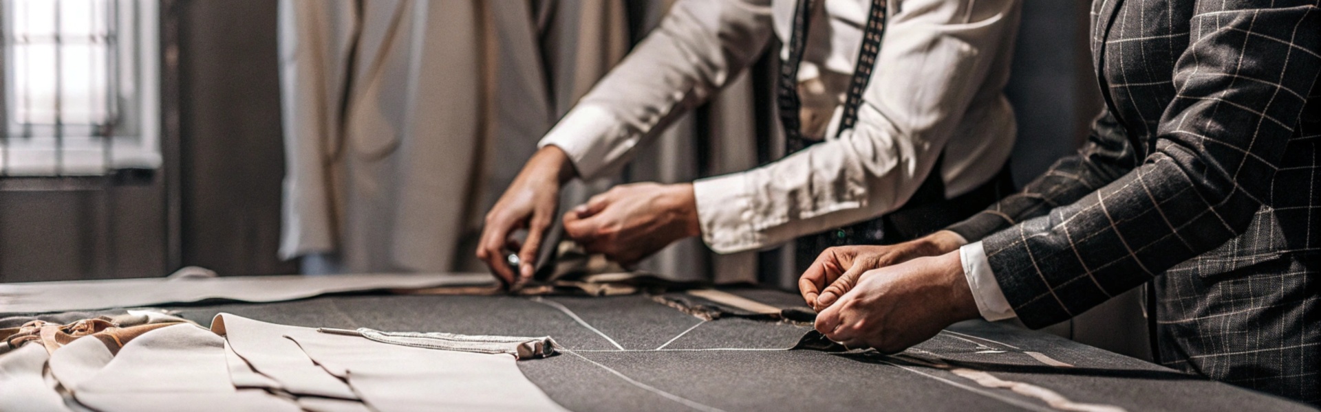 Tailors drafting patterns on fabric in a workshop with suits hanging in the background.