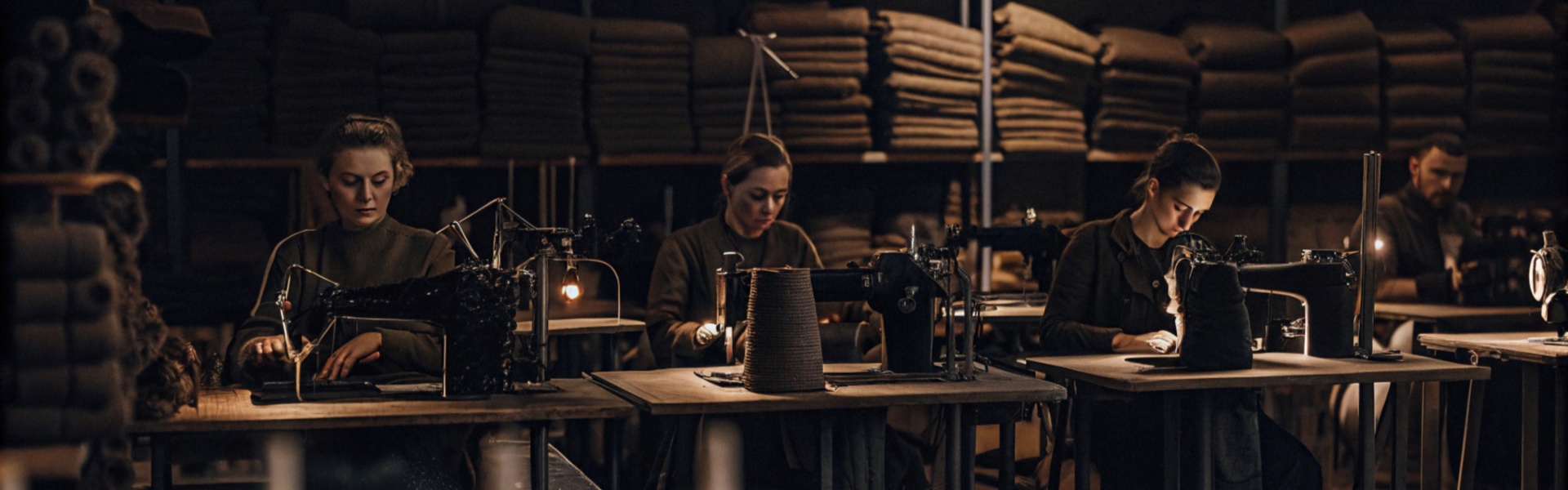 A group of tailors sewing in a dimly lit workshop with stacks of fabric in the background.