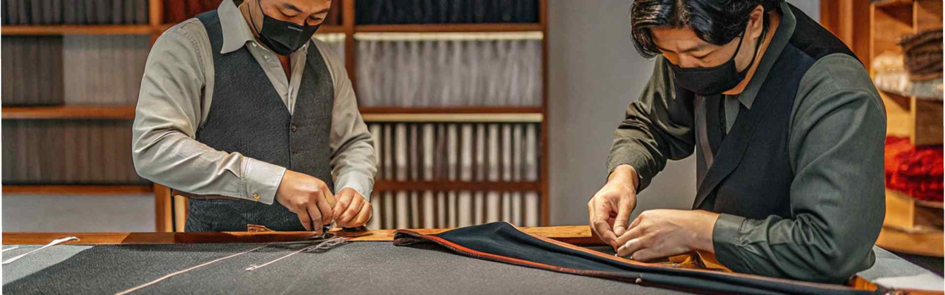 Two masked tailors meticulously sewing fabric in a workshop.