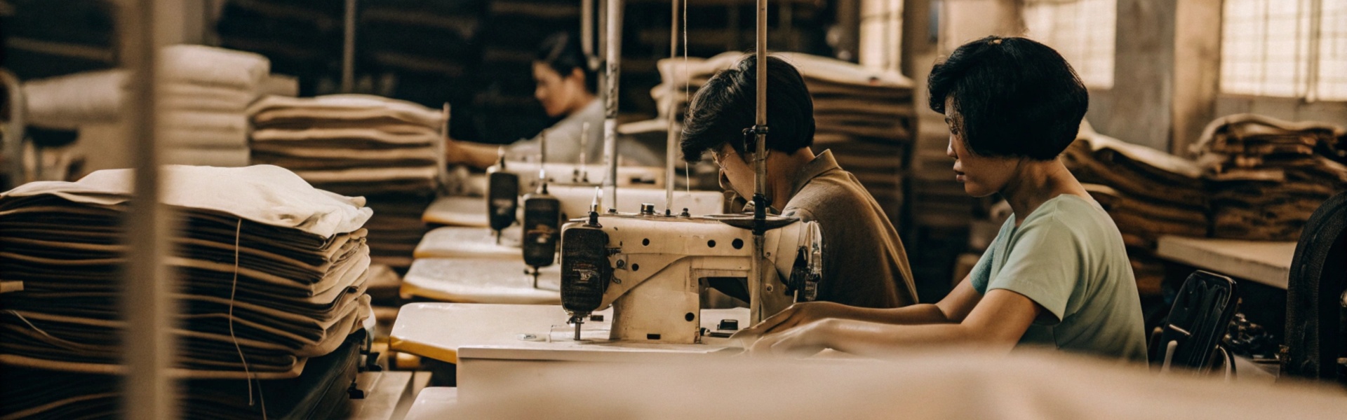 Workers sewing fabric in a busy textile factory surrounded by stacked material piles.