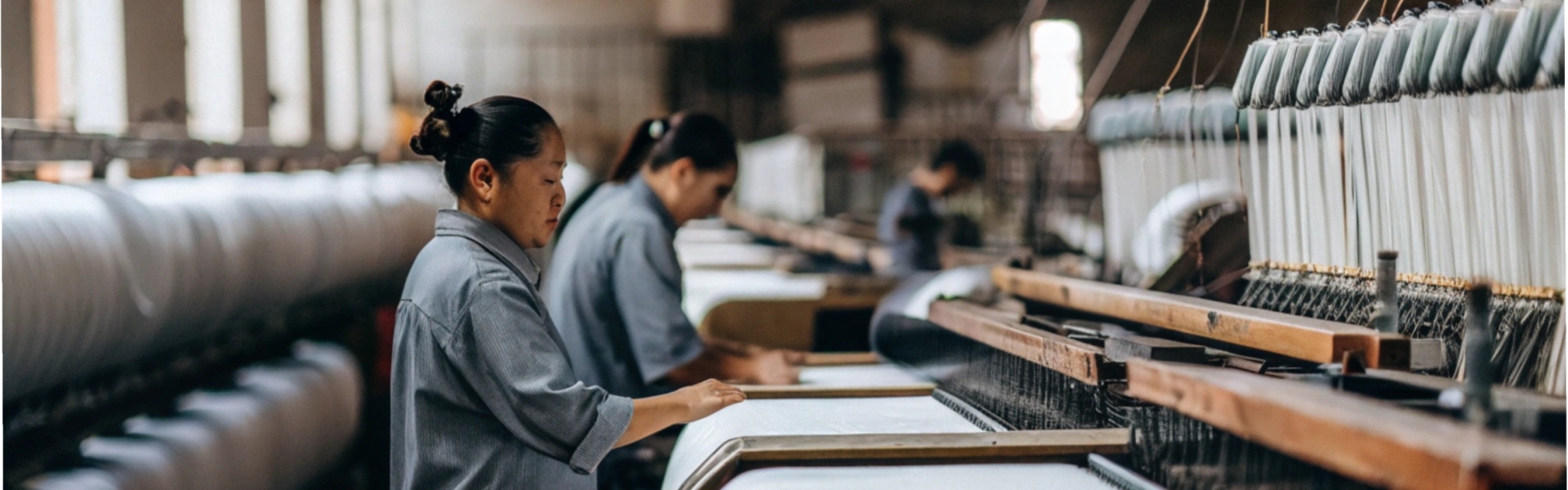 Women operating textile looms in a factory, focusing on fabric production.